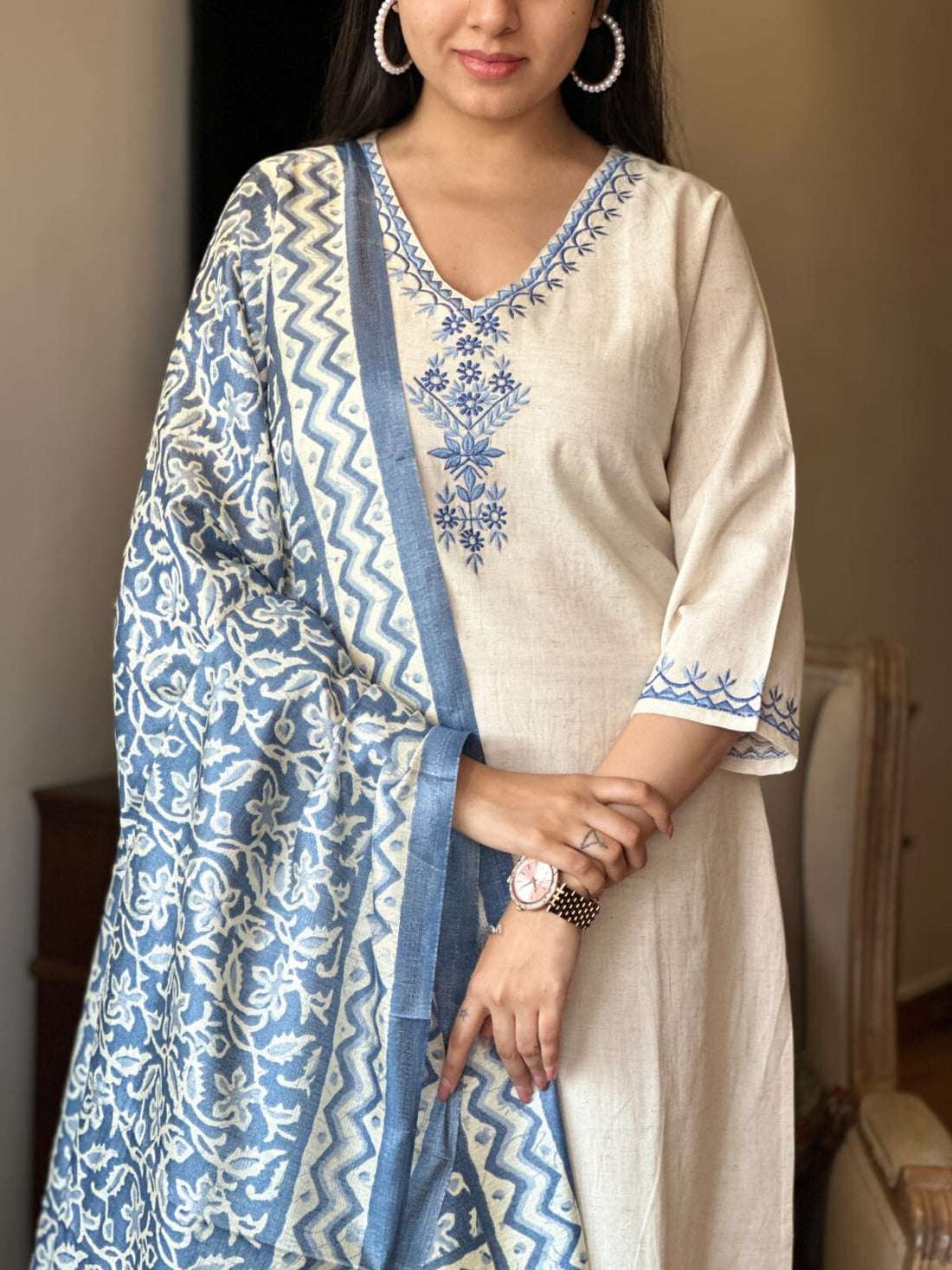 Women's Cotton Embroiderd Straight Kurti With Pant and Printed Dupatta Set - Image 2