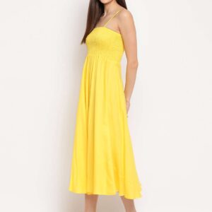 Women's Viscose Rayon Solid Shoulder Straps Sleeveless Flared Gown Drees (Yellow)