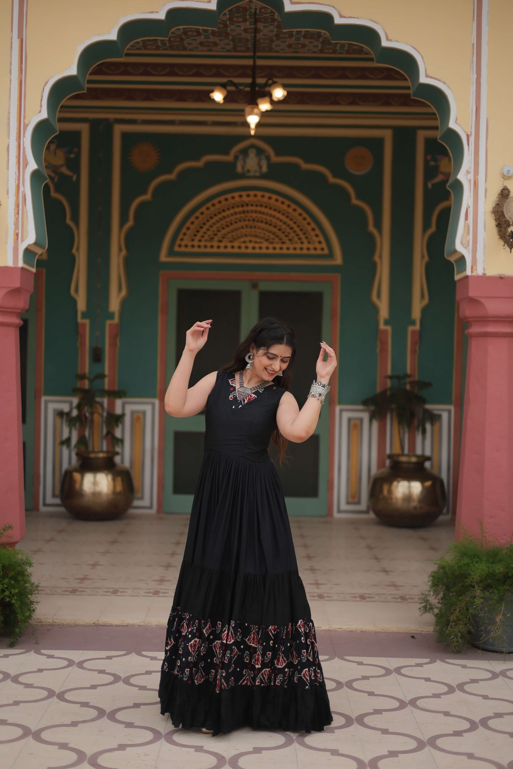 Black Designer Heavy Reyon Gown with Printed Frill & Fancy V-Neck - Image 8