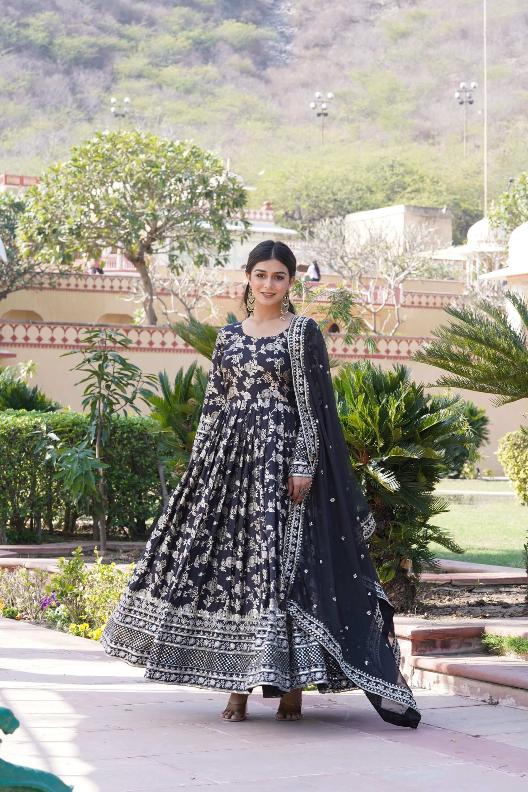Black Viscose Dyable Jacquard Gown with Russian Silk Sequined Dupatta ? Elegant Party & Wedding Set - Image 2