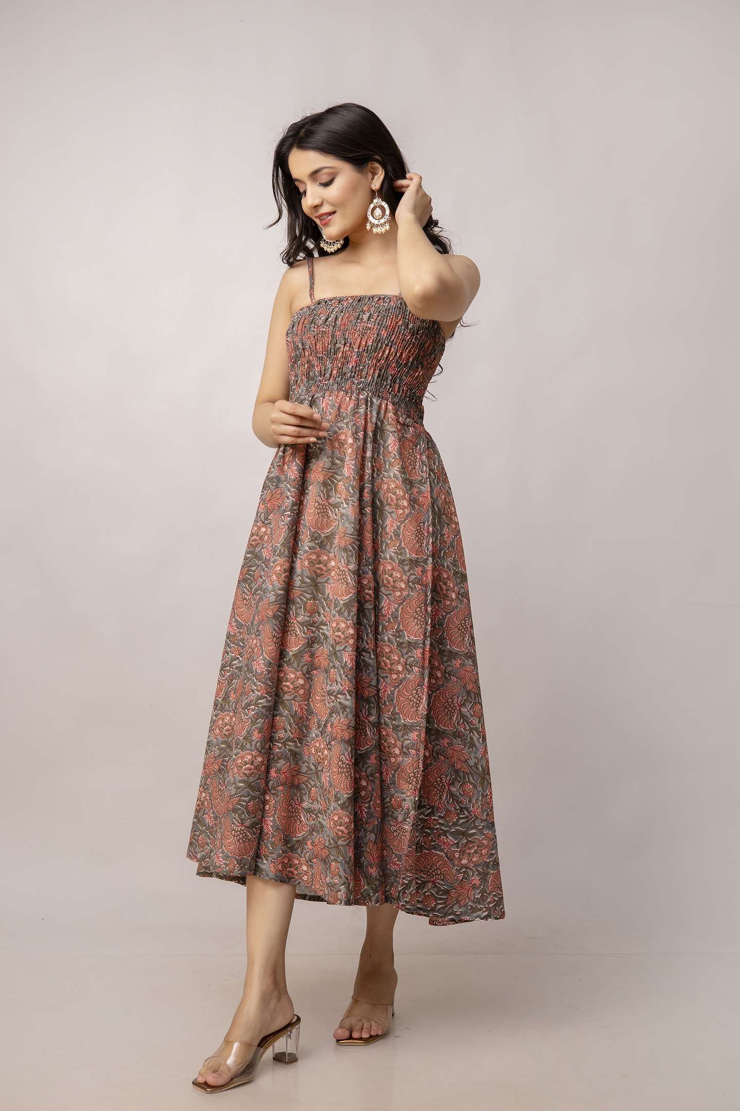 Women's Silk Printed Shoulder Straps Sleeveless Anarkali Gown Drees (Light Maroon-SUI)