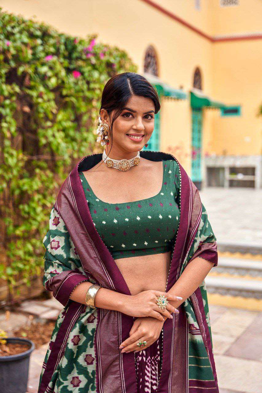 Dark Green Dola Silk Lehenga Choli with Maroon Blouse | Patola Print & Foil Work | Wedding & Festive Wear - Image 4