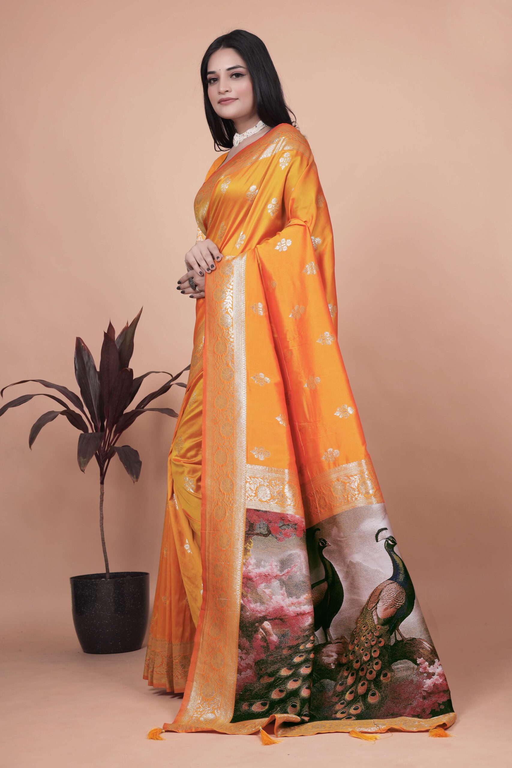 Radiant Orange Silk Saree with Golden Zari & Peacock Pallu | Festive, Wedding & Traditional Wear - Image 5