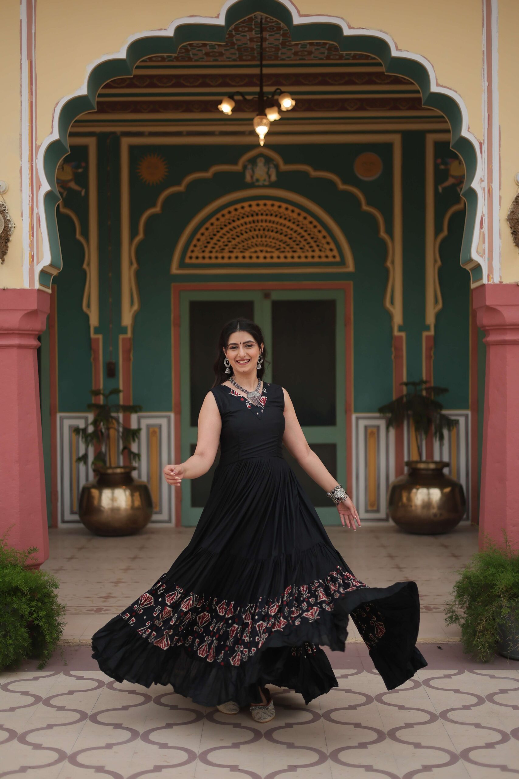 Black Designer Heavy Reyon Gown with Printed Frill & Fancy V-Neck - Image 4