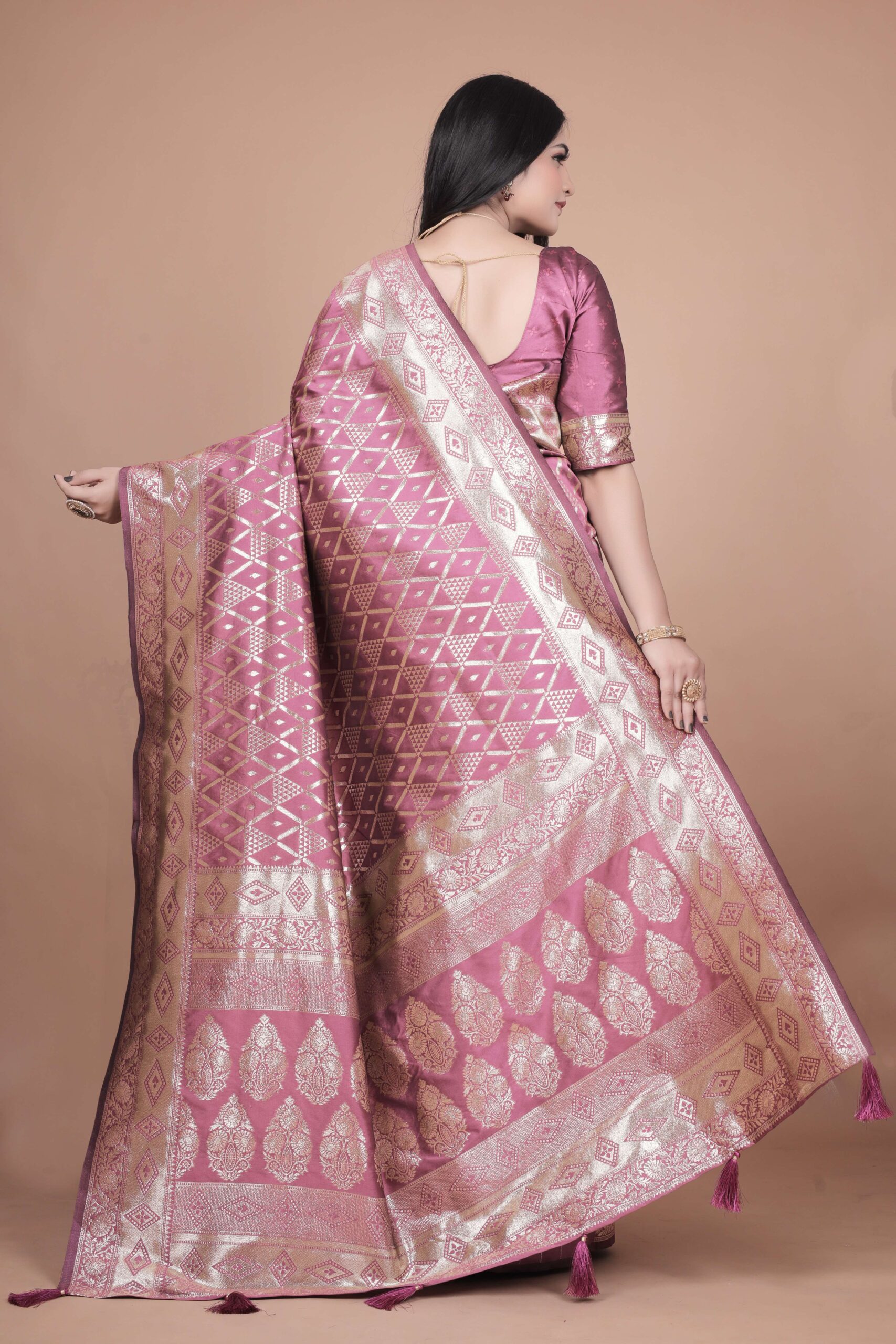 Mauve Banarasi Silk Saree with Silver Geometric & Floral Zari | Wedding & Festive Wear | Elegant Designer Saree - Image 6