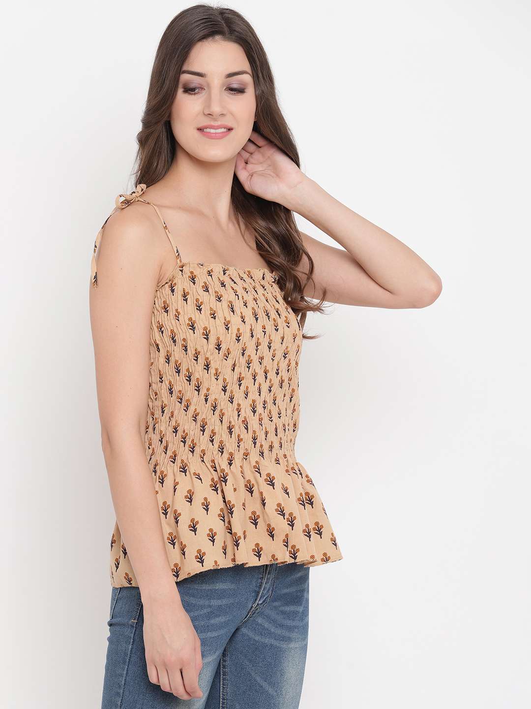 Women's Rayon Elephant Print Casual Summer Style Tie Shoulder Straps Free Size Tank Top ( Brown Beige)