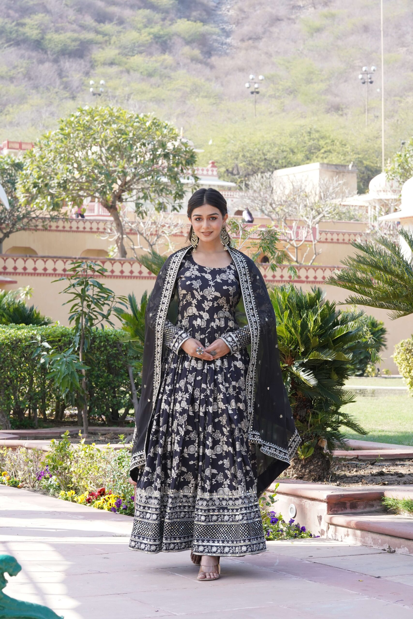 Black Viscose Dyable Jacquard Gown with Russian Silk Sequined Dupatta ? Elegant Party & Wedding Set - Image 4