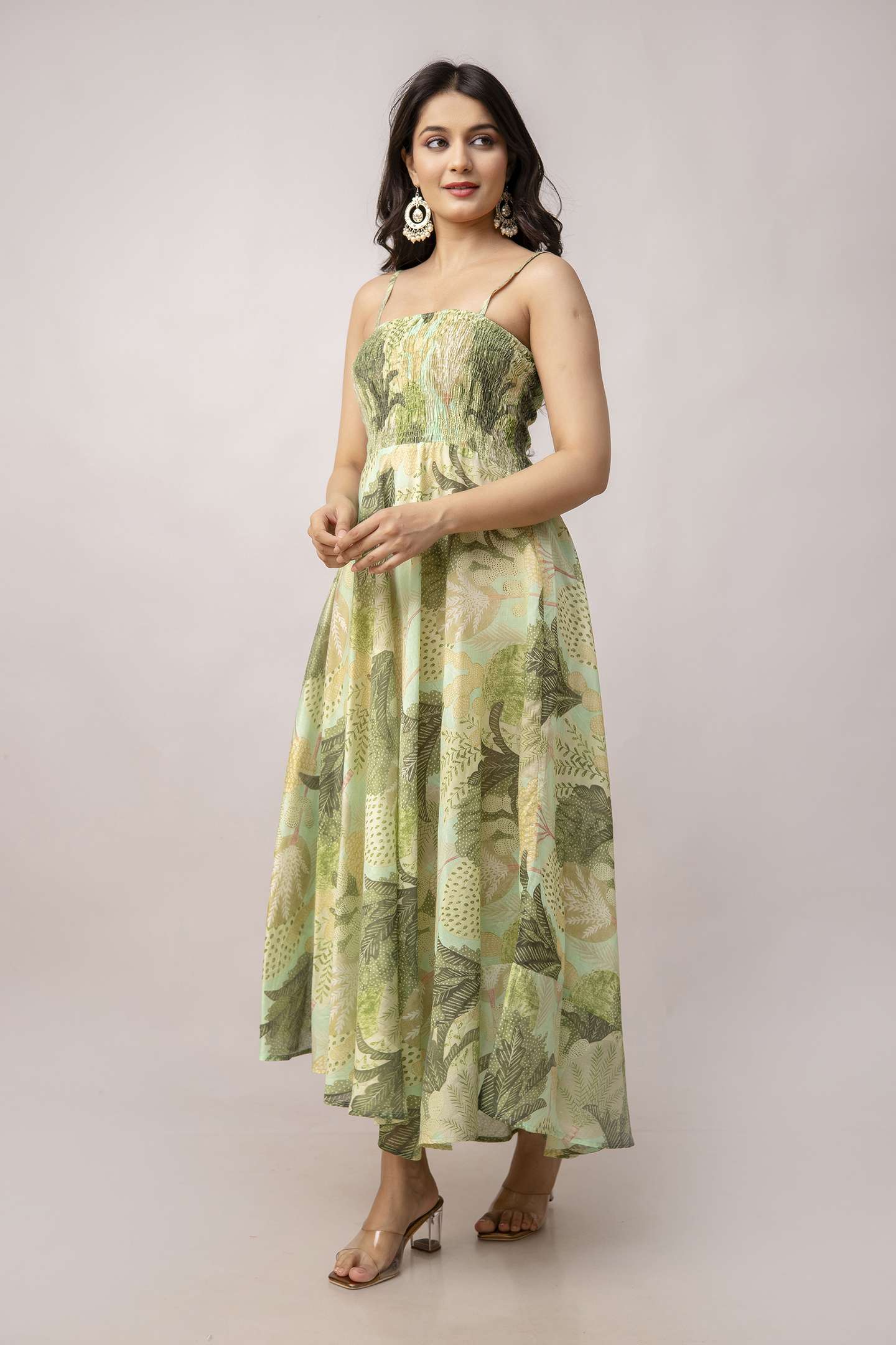 Women's Silk Printed Shoulder Straps Sleeveless Anarkali Gown Drees (Green) - Image 3