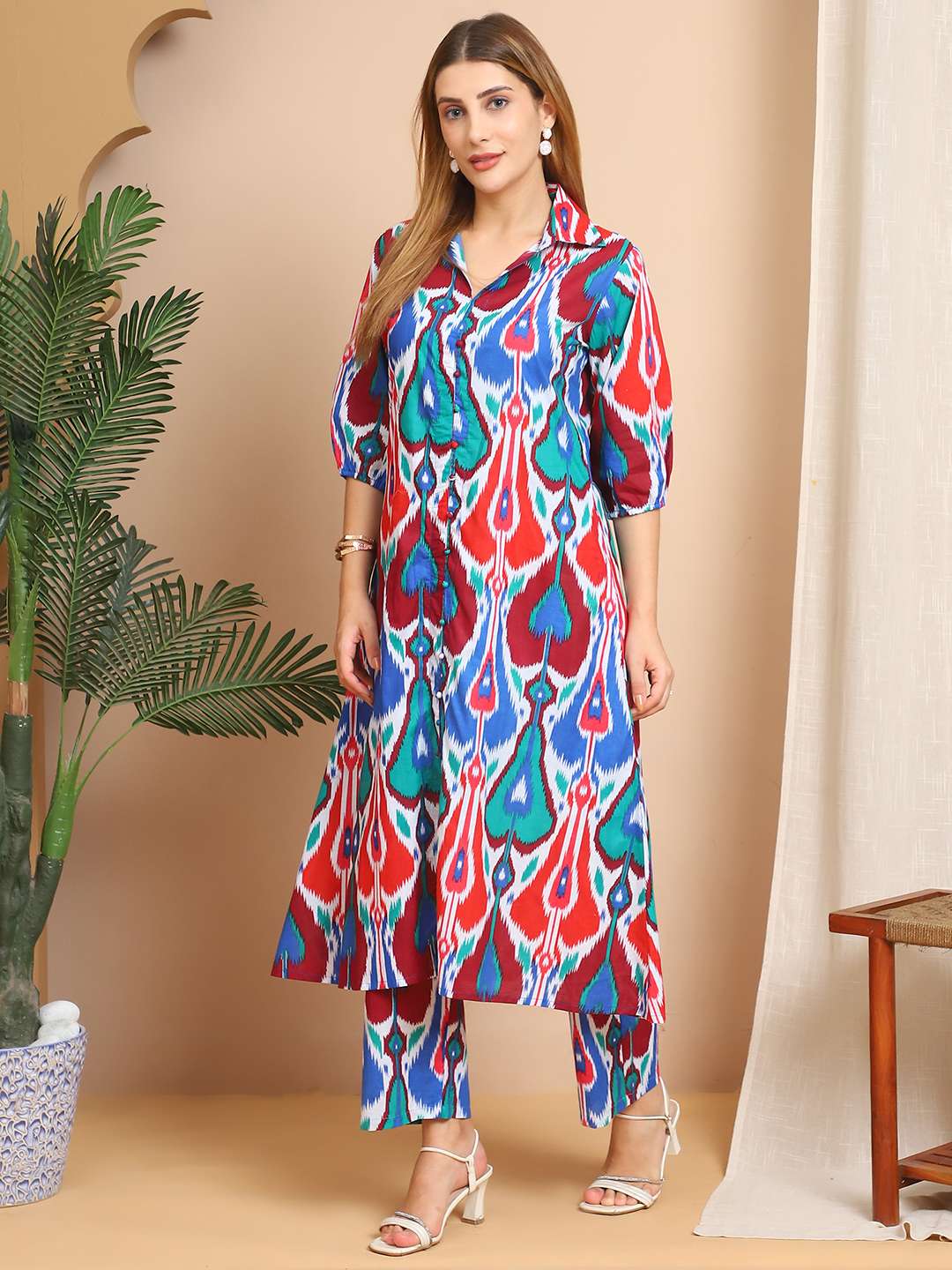 Women's Pure Cotton Printed Collared Top and Pant Co-ord Set (Multti Color5)