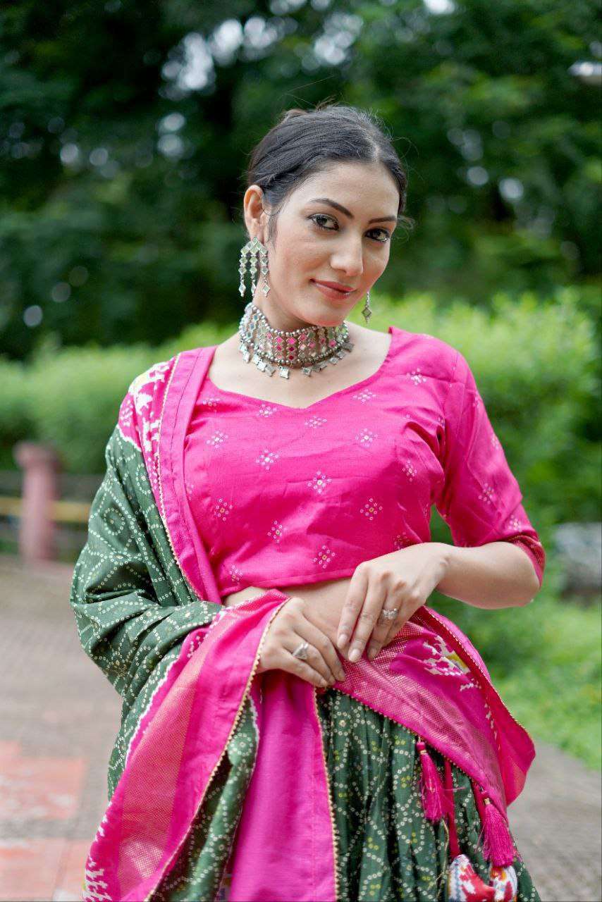 Bottle Green Dola Silk Lehenga Choli with Pink Blouse | Bandhej & Ajarakh Print | Wedding & Festive Wear