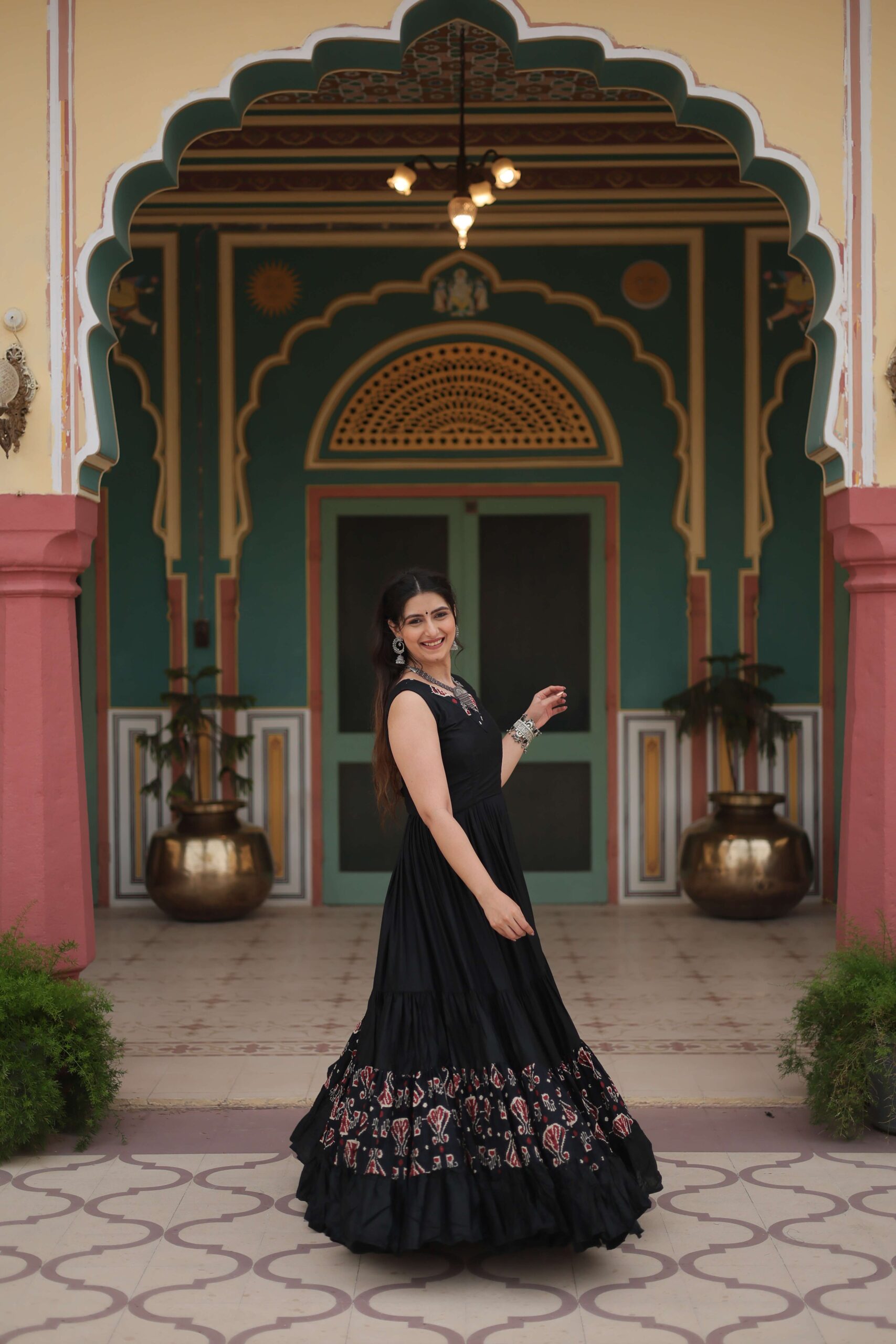 Black Designer Heavy Reyon Gown with Printed Frill & Fancy V-Neck - Image 6