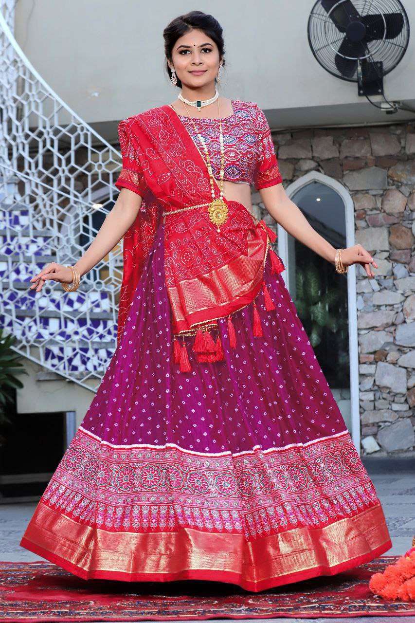 Purple Tussar Silk Lehenga Choli with Red Blouse | Patola Print & Foil Work | Wedding & Festive Wear - Image 2