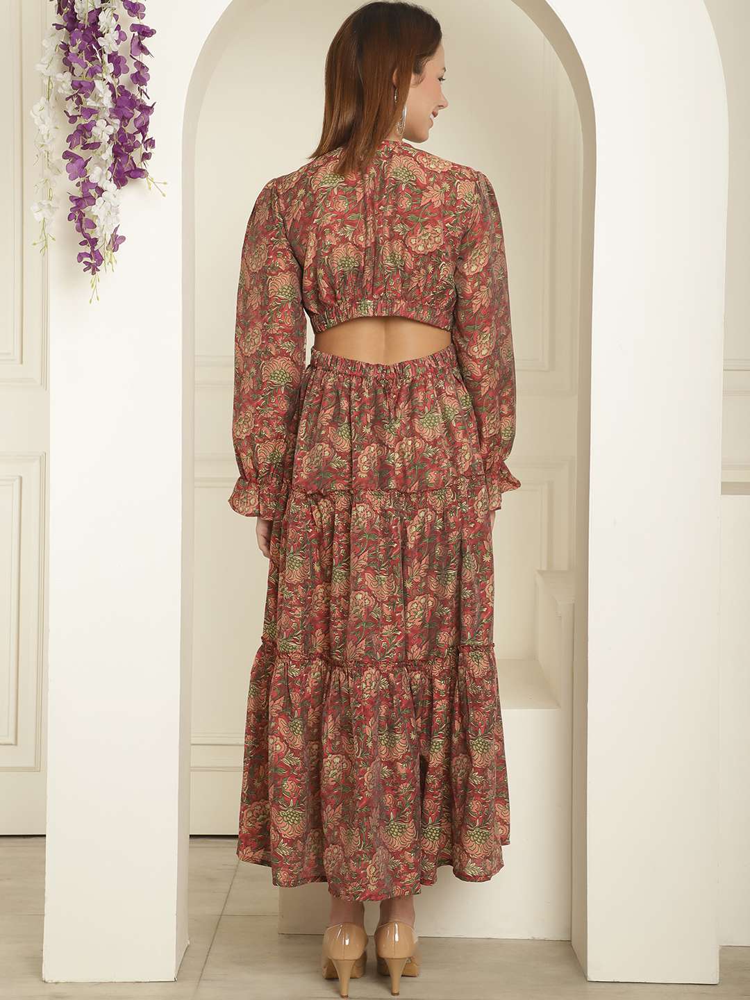 Women's Silk Printed V-Neck Long Bell Sleeves Tiered Maxi Dress Gown (Dark-Maroon) - Image 2