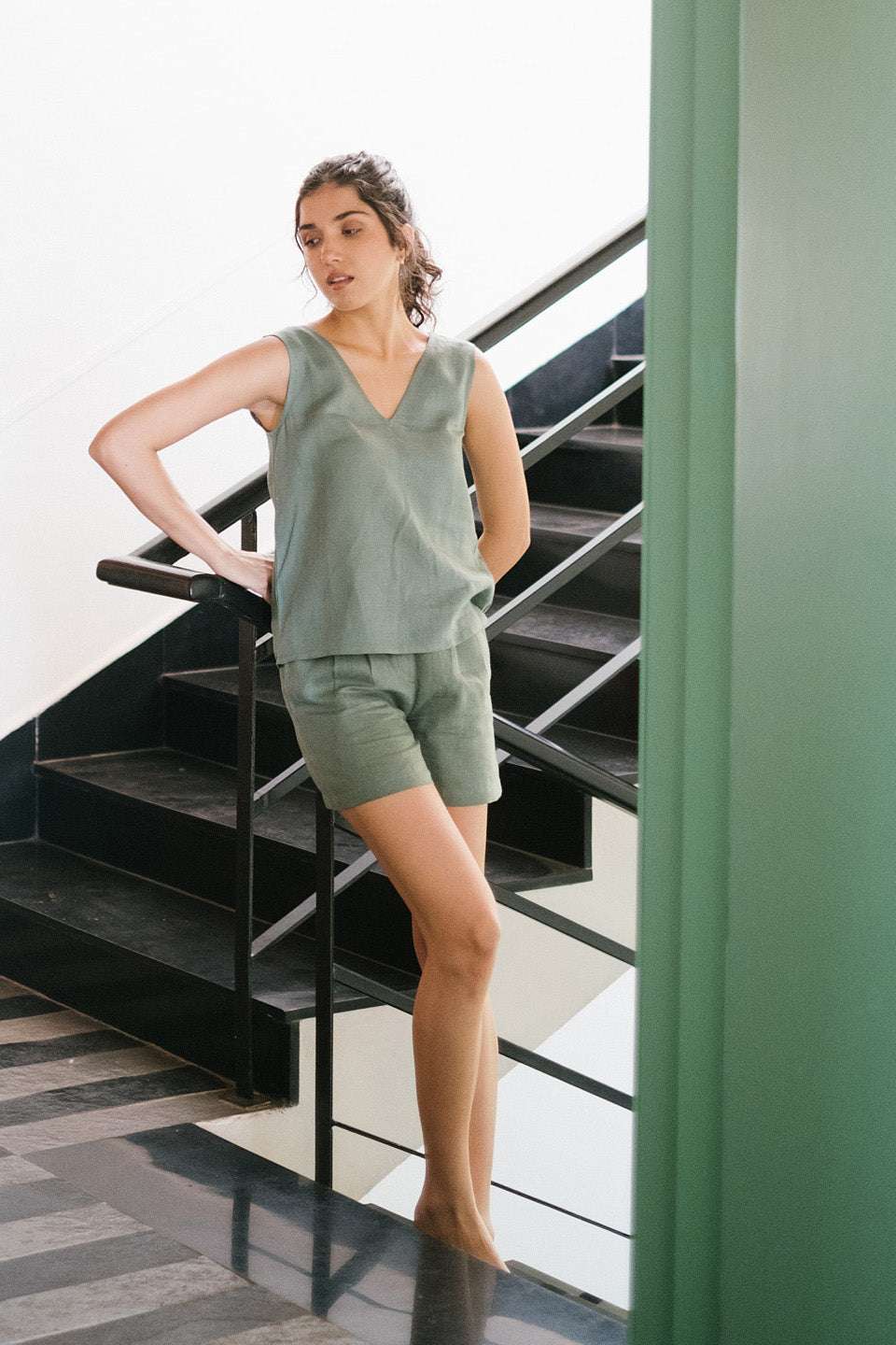 Women's Cotton Solid V Neck Sleevleess 2 Piece Outfit Loose Tank Top and Shot Scult Sets cord set ( Pista Green ) - Image 2