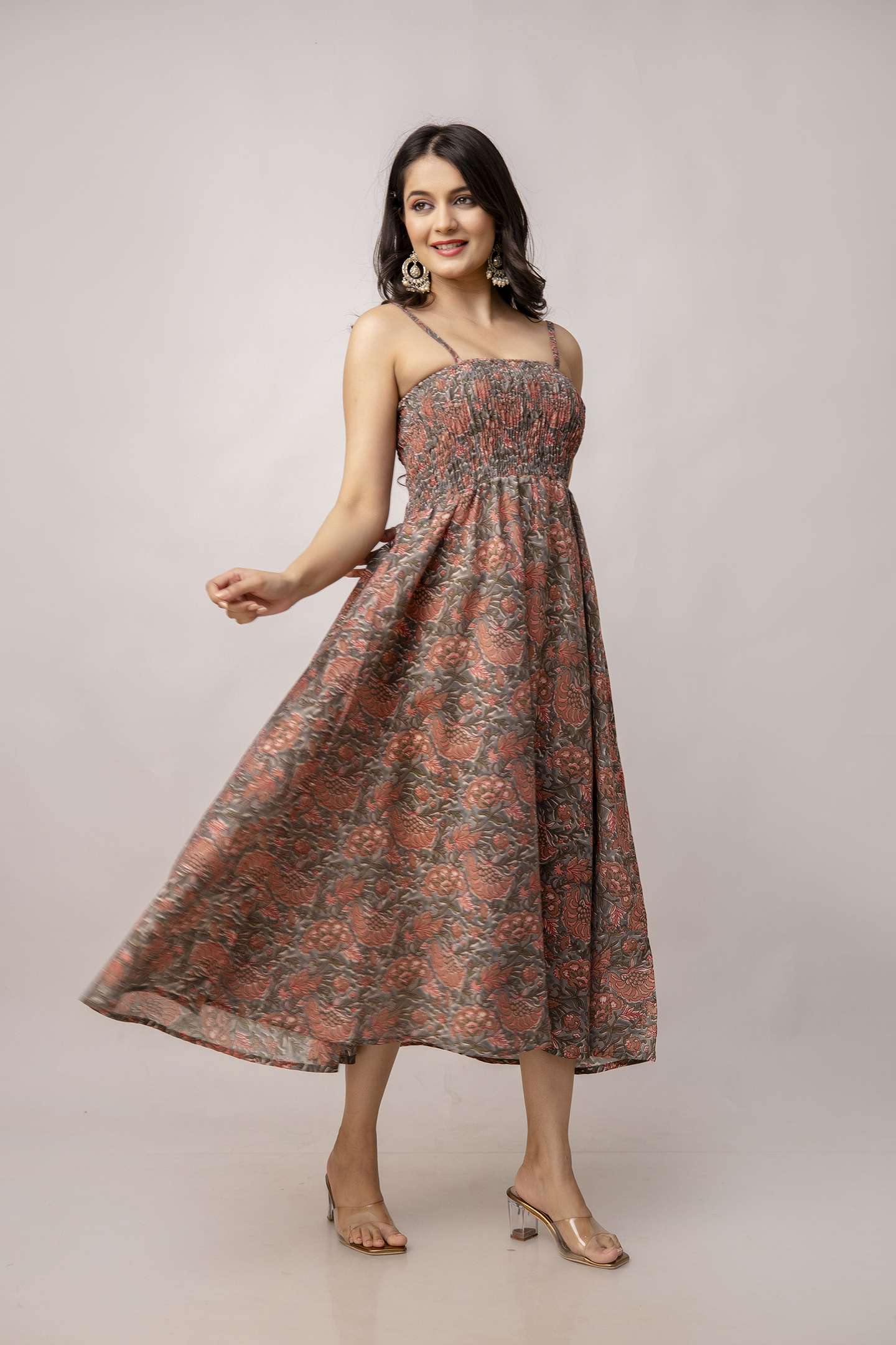 Women's Silk Printed Shoulder Straps Sleeveless Anarkali Gown Drees (Light Maroon-SUI) - Image 3