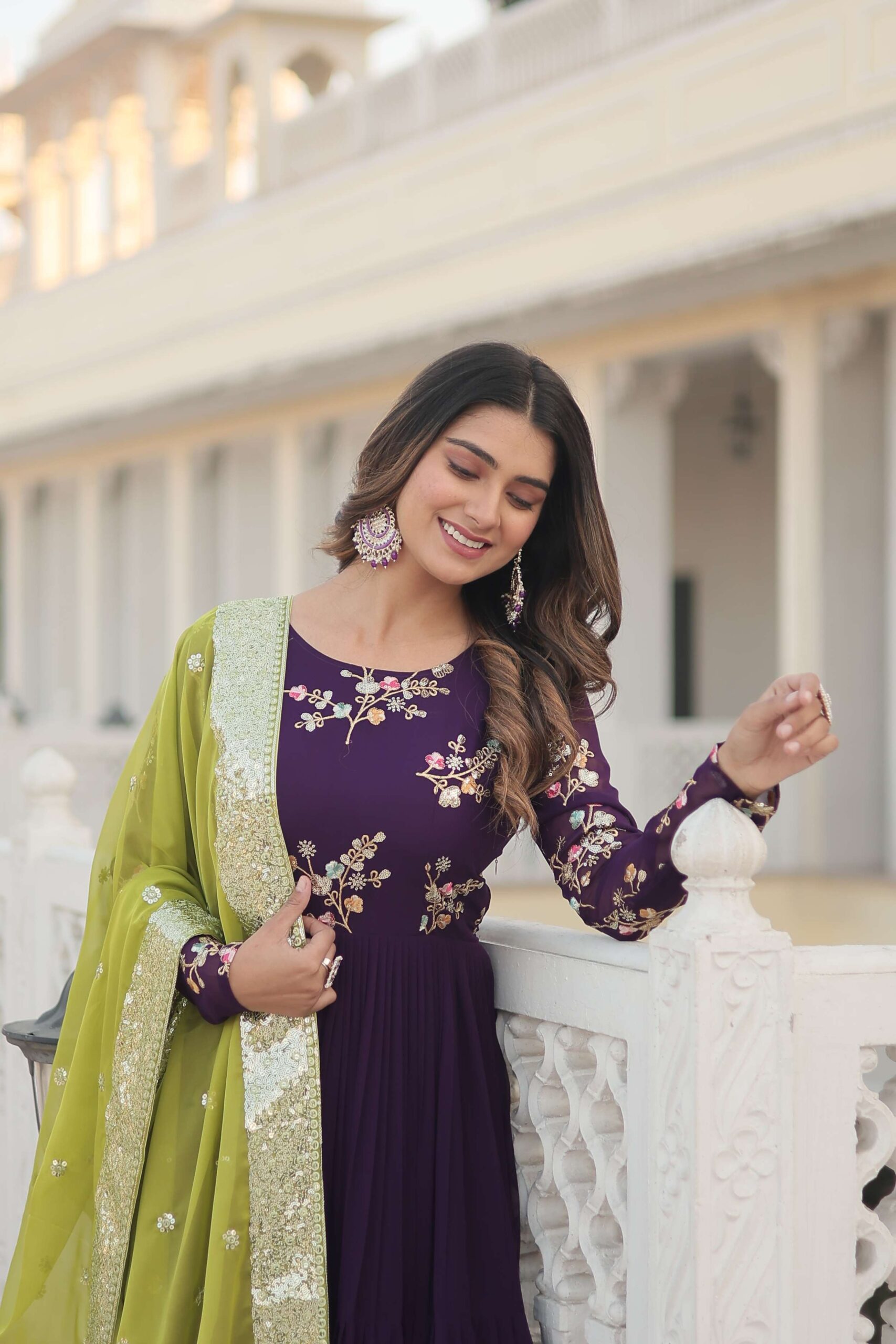 Purple Faux Georgette Designer Gown with Russian Silk Sequined Dupatta ? Elegant Fully Flared Party & Wedding Set - Image 5