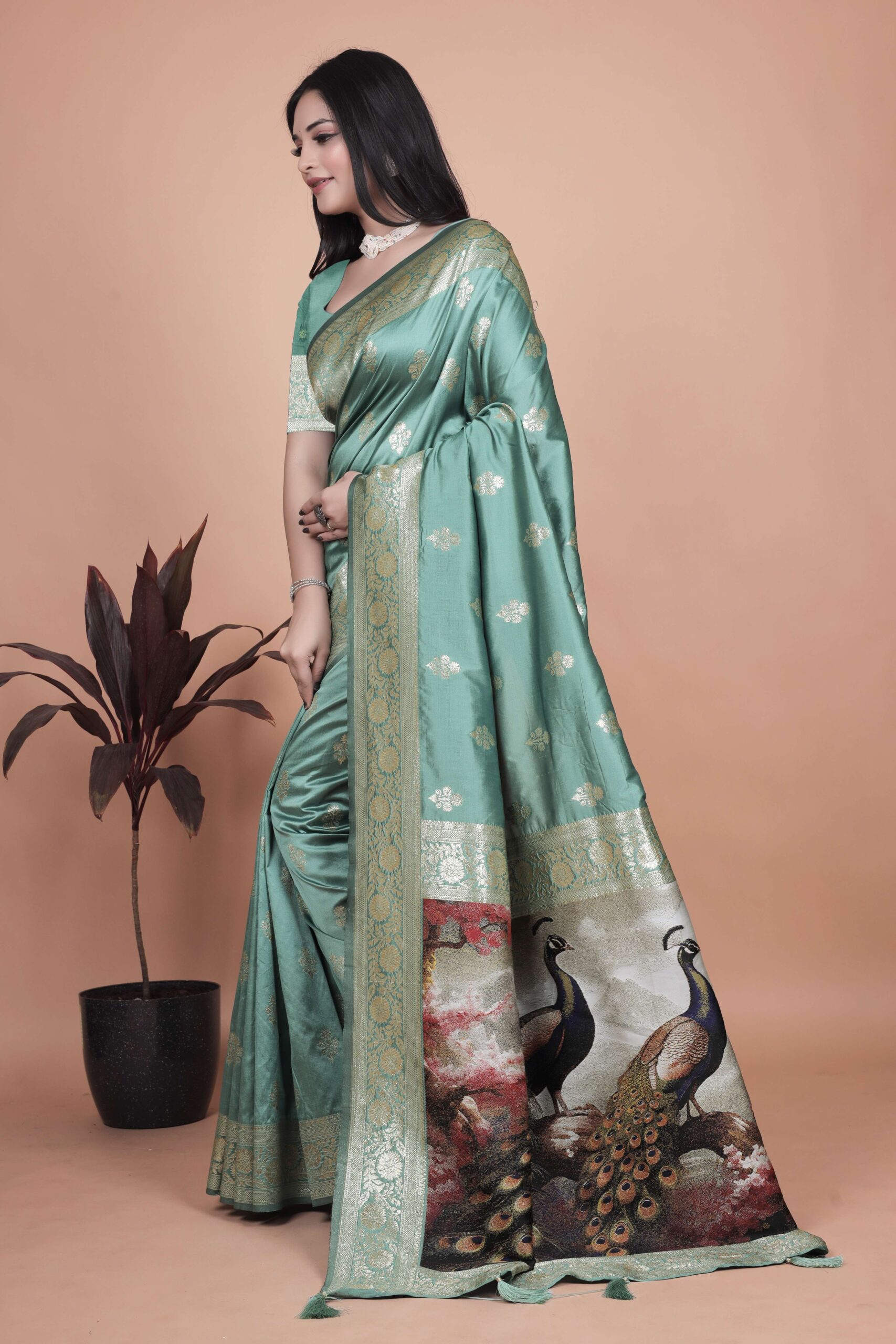 Elegant Sea Green Silk Saree with Golden Zari & Peacock Motif Pallu | Wedding, Festive & Traditional Wear - Image 2