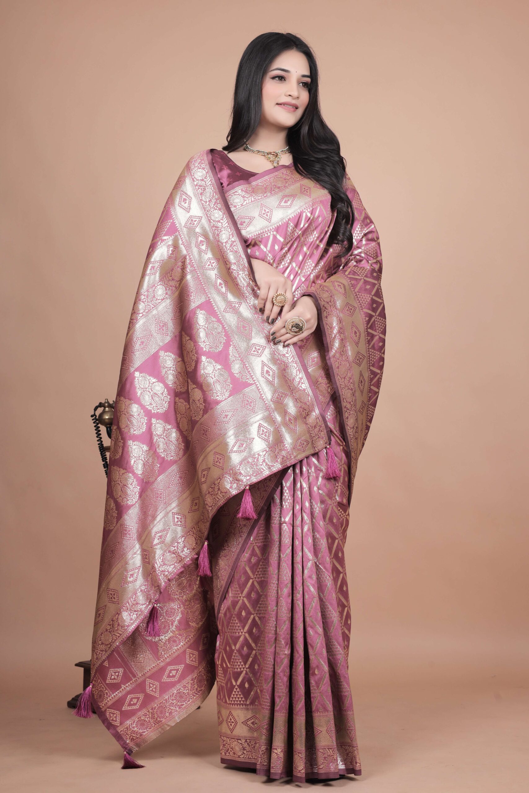 Mauve Banarasi Silk Saree with Silver Geometric & Floral Zari | Wedding & Festive Wear | Elegant Designer Saree - Image 3