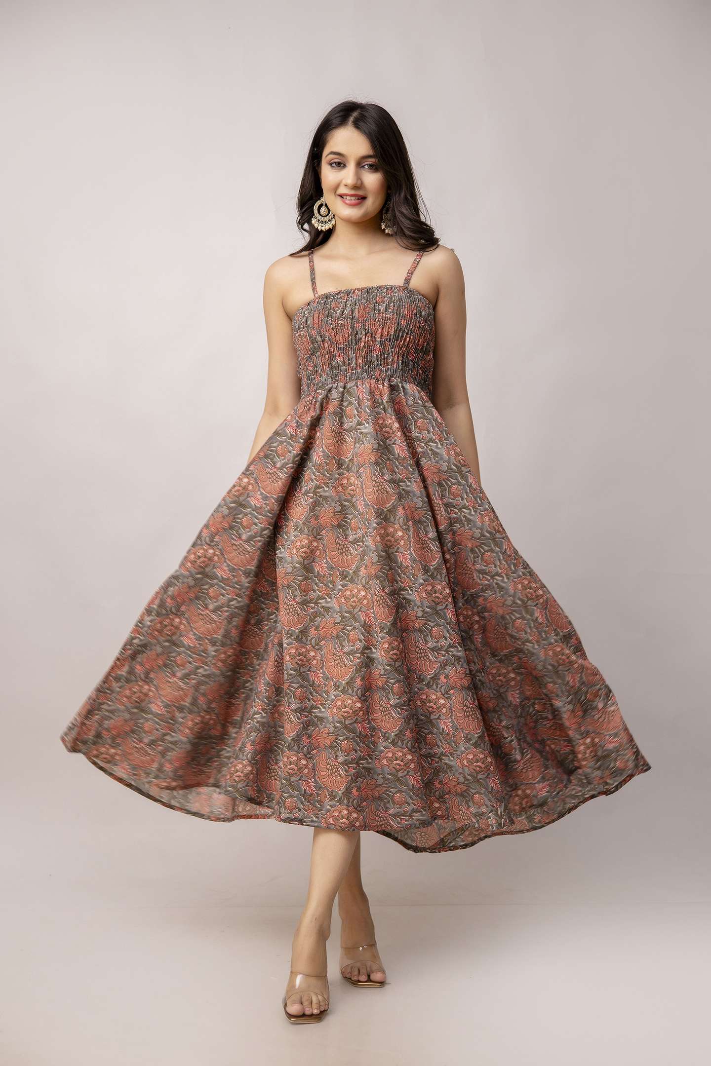 Women's Silk Printed Shoulder Straps Sleeveless Anarkali Gown Drees (Light Maroon-SUI) - Image 6