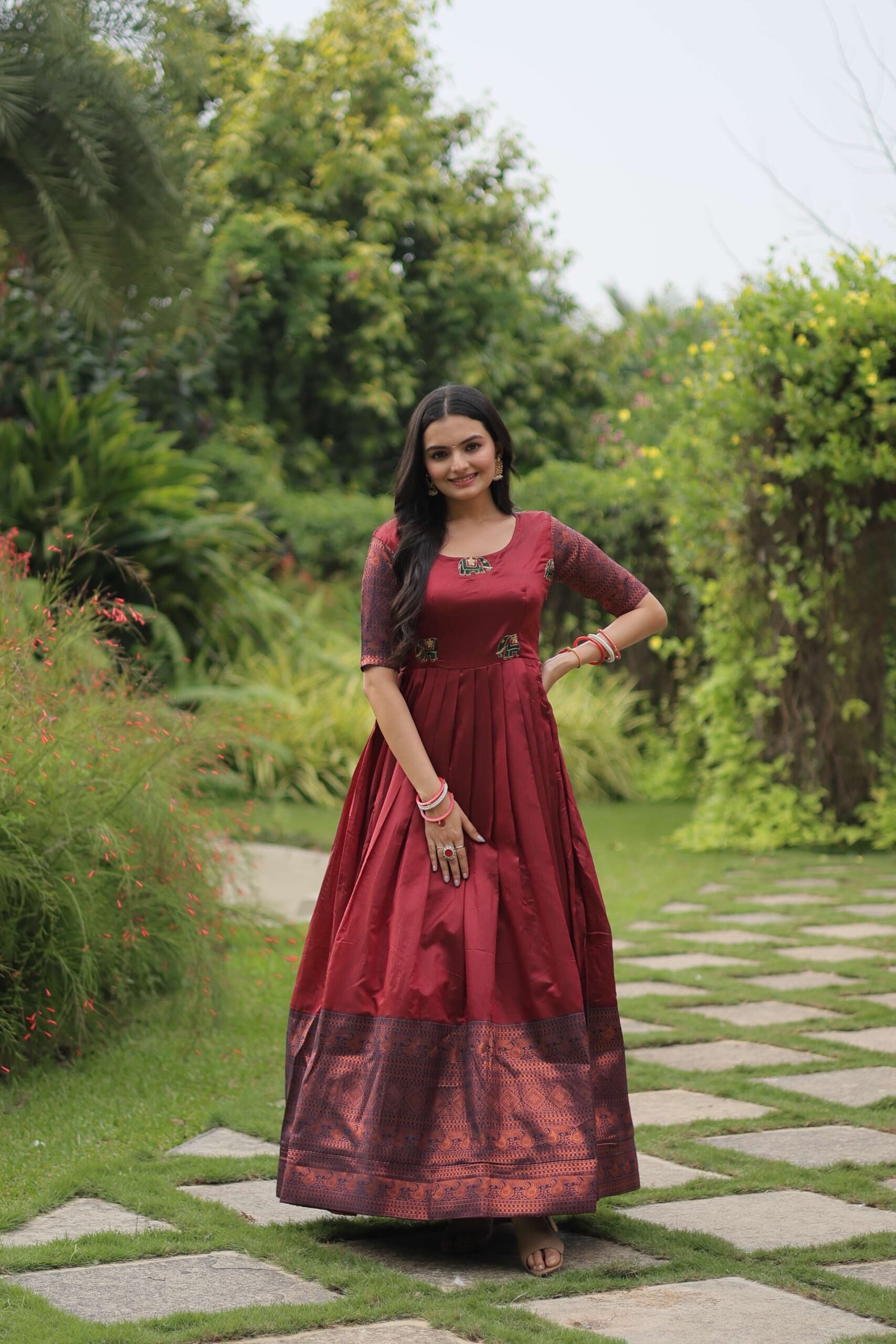 Maroon Banarasi Jacquard Silk Gown ? Elegant Free-Size Designer Party & Wedding Wear - Image 7