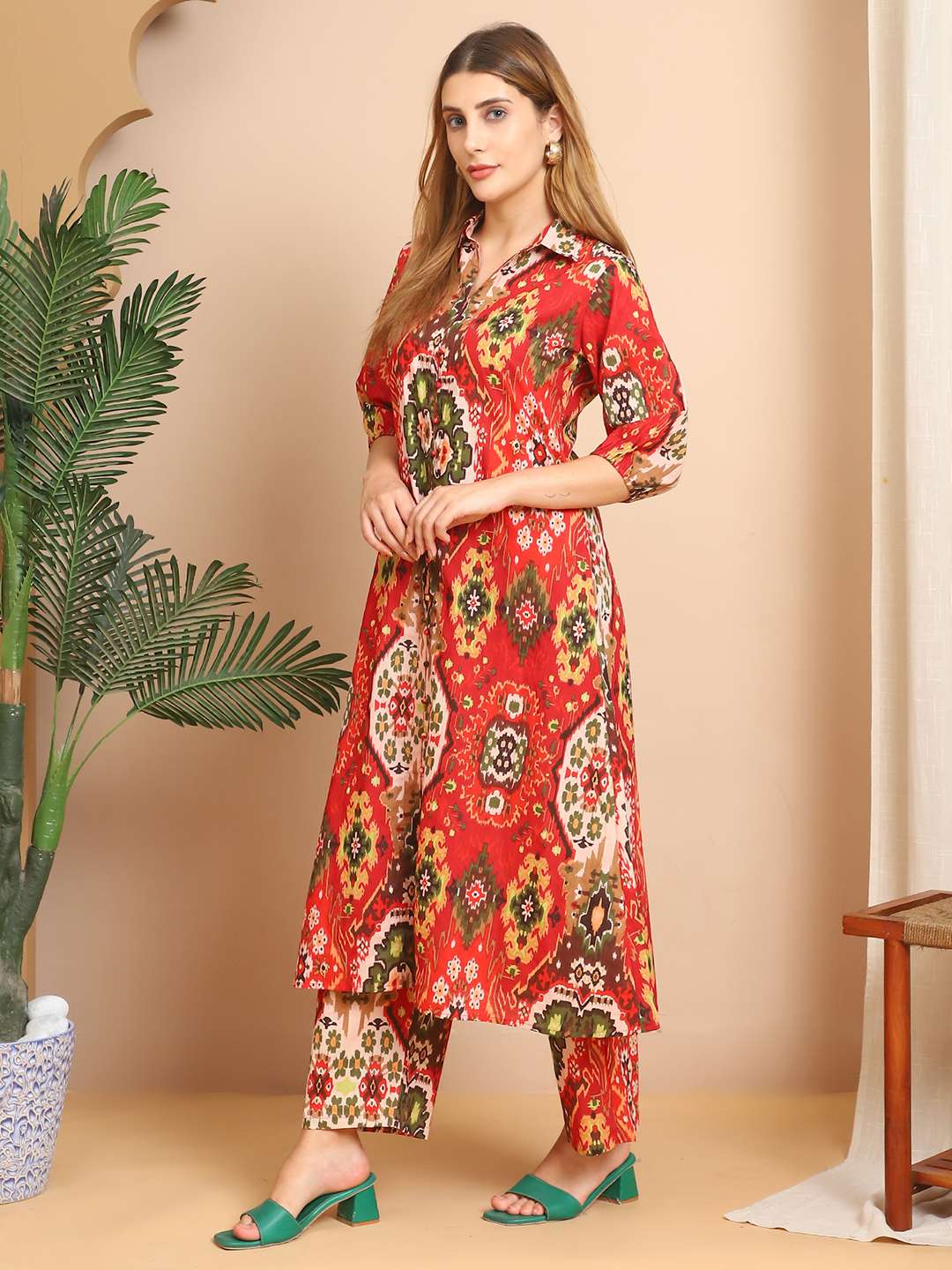 Women's Pure Cotton Printed Collared Top and Pant Co-ord Set (Multti Color4)