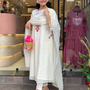 Women's Cotton Mirror Work Embroidered Straight Kurti With Pant and Dupatta Set