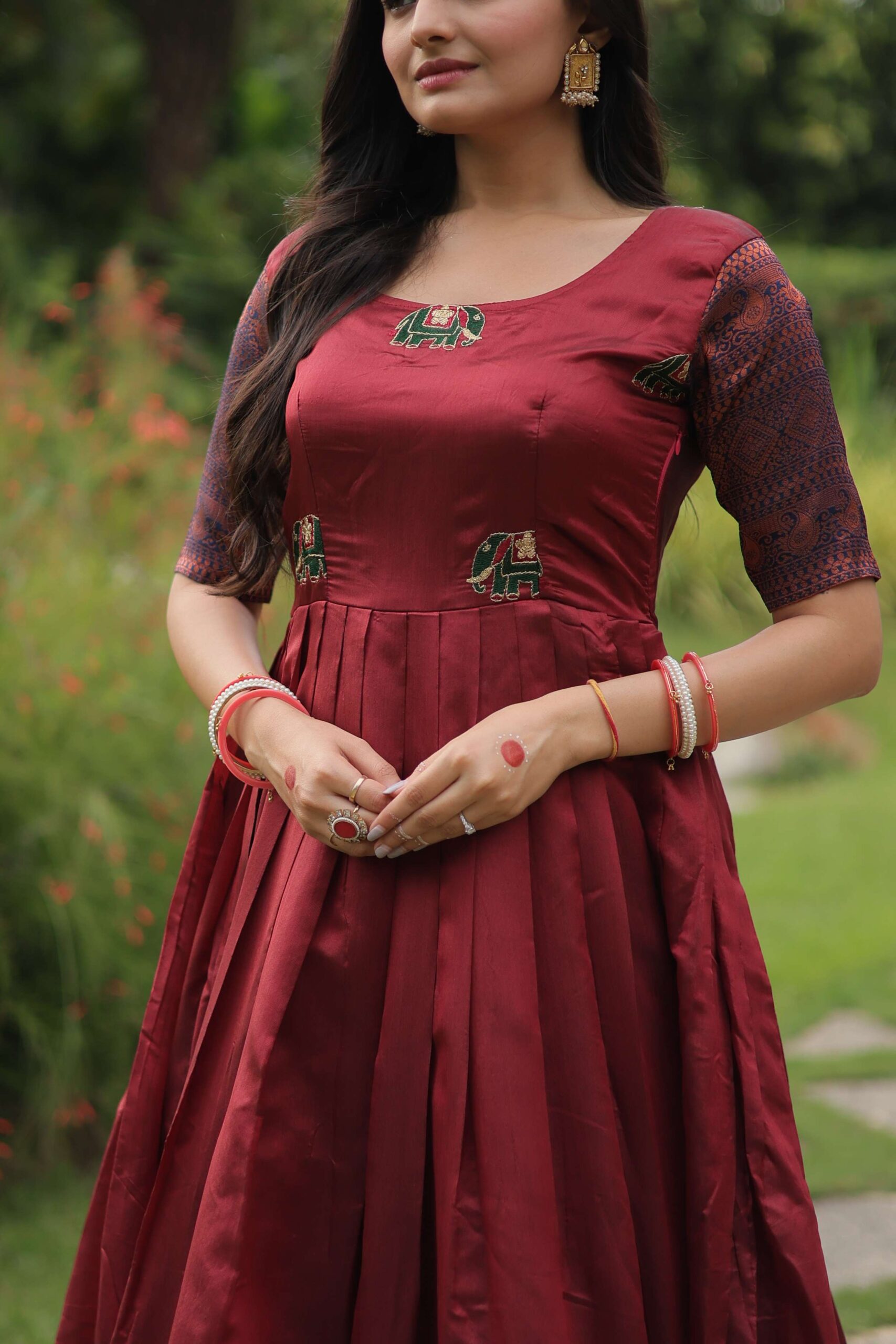 Maroon Banarasi Jacquard Silk Gown ? Elegant Free-Size Designer Party & Wedding Wear - Image 3