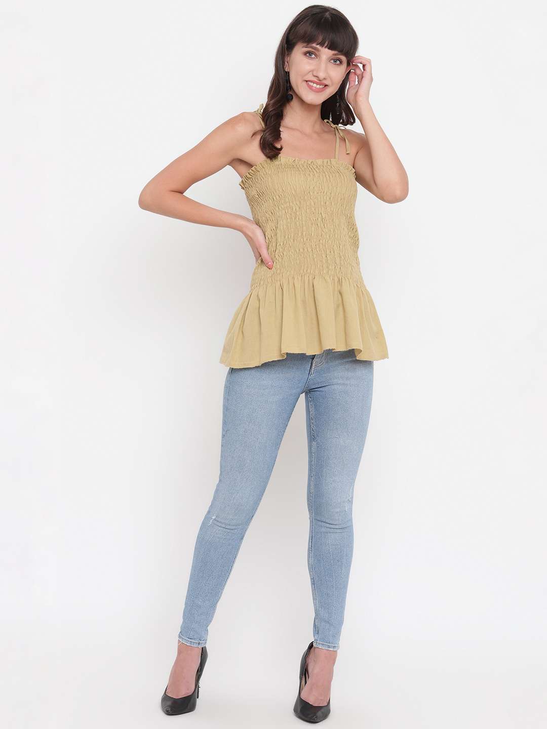 Women's Rayon Solid Casual Summer Style Tie Shoulder Straps Free Size Tank Top (Beige) - Image 2