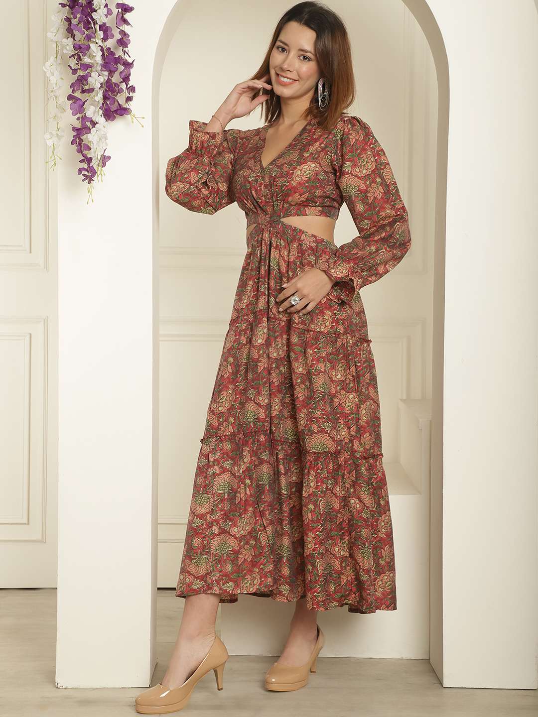 Women's Silk Printed V-Neck Long Bell Sleeves Tiered Maxi Dress Gown (Dark-Maroon)