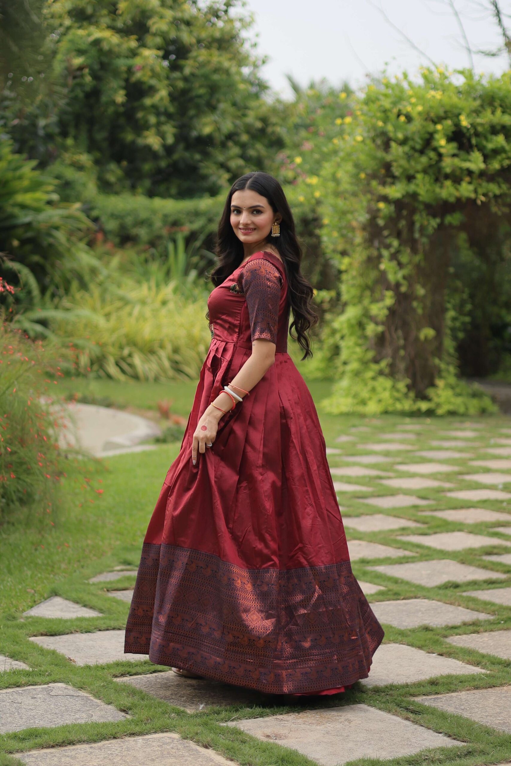 Maroon Banarasi Jacquard Silk Gown ? Elegant Free-Size Designer Party & Wedding Wear