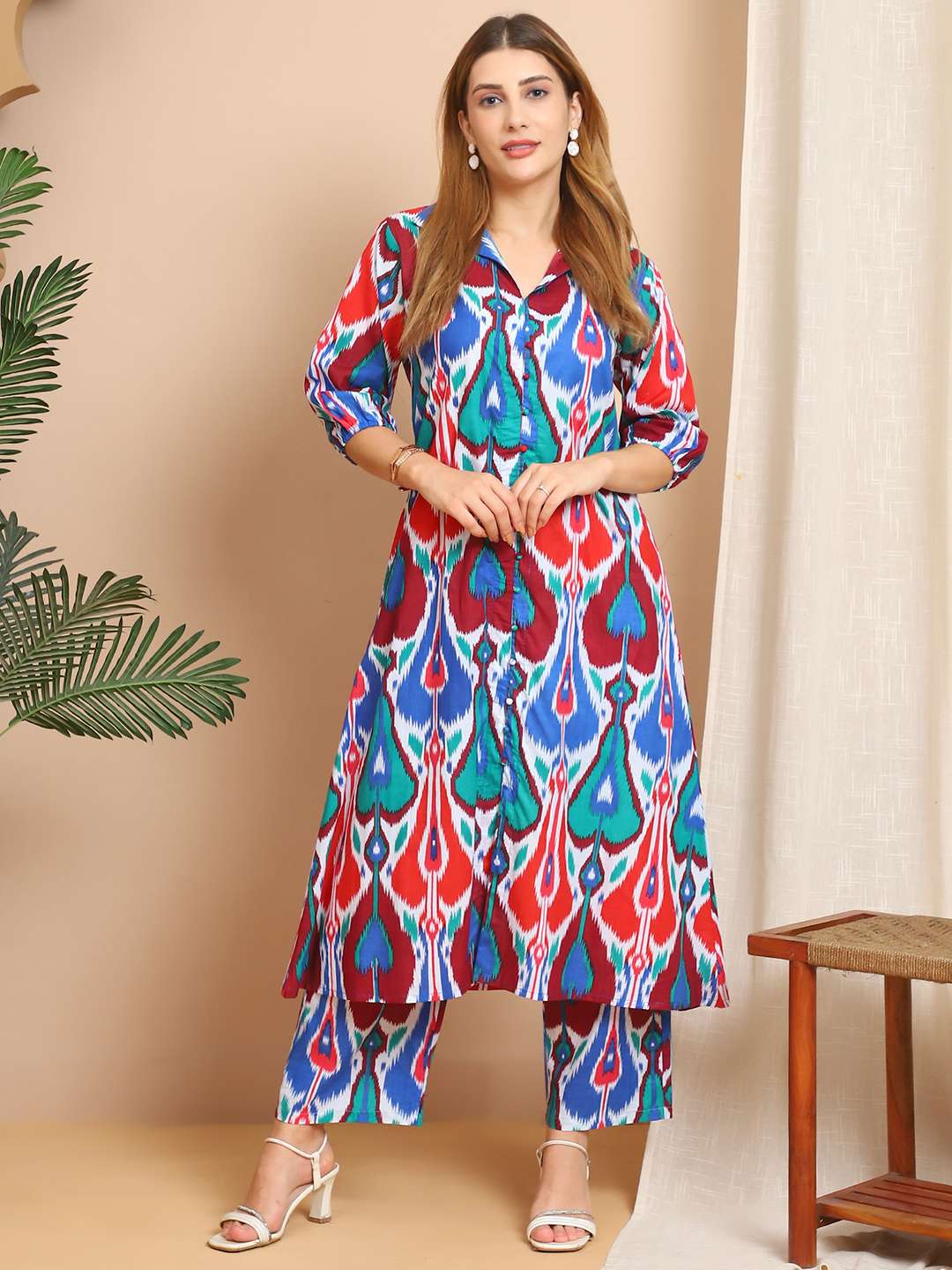 Women's Pure Cotton Printed Collared Top and Pant Co-ord Set (Multti Color5) - Image 8
