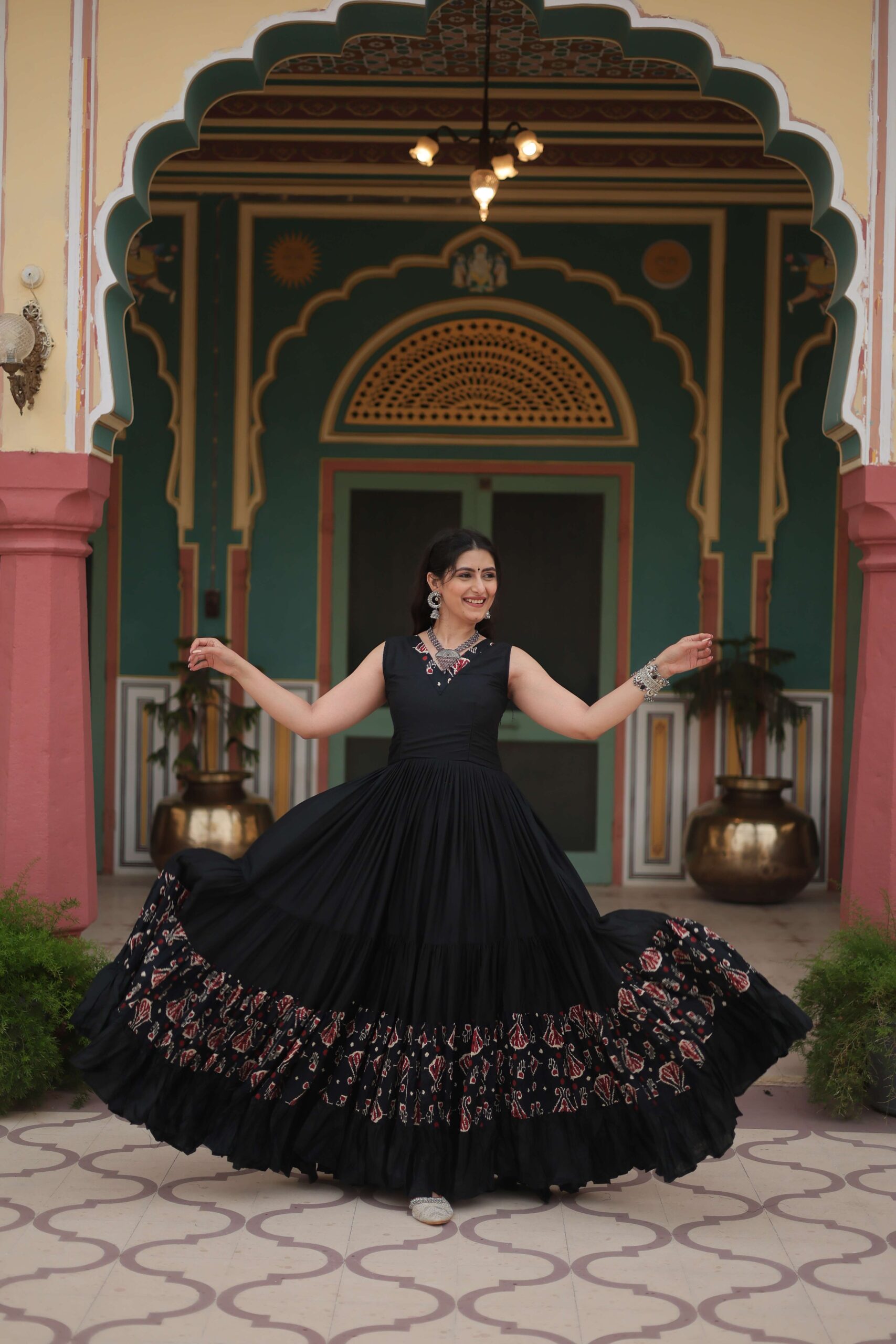 Black Designer Heavy Reyon Gown with Printed Frill & Fancy V-Neck - Image 5