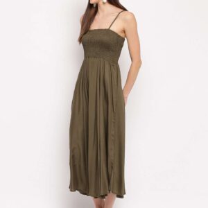 Women's Viscose Rayon Solid Shoulder Straps Sleeveless Flared Gown Drees (Olive Green)