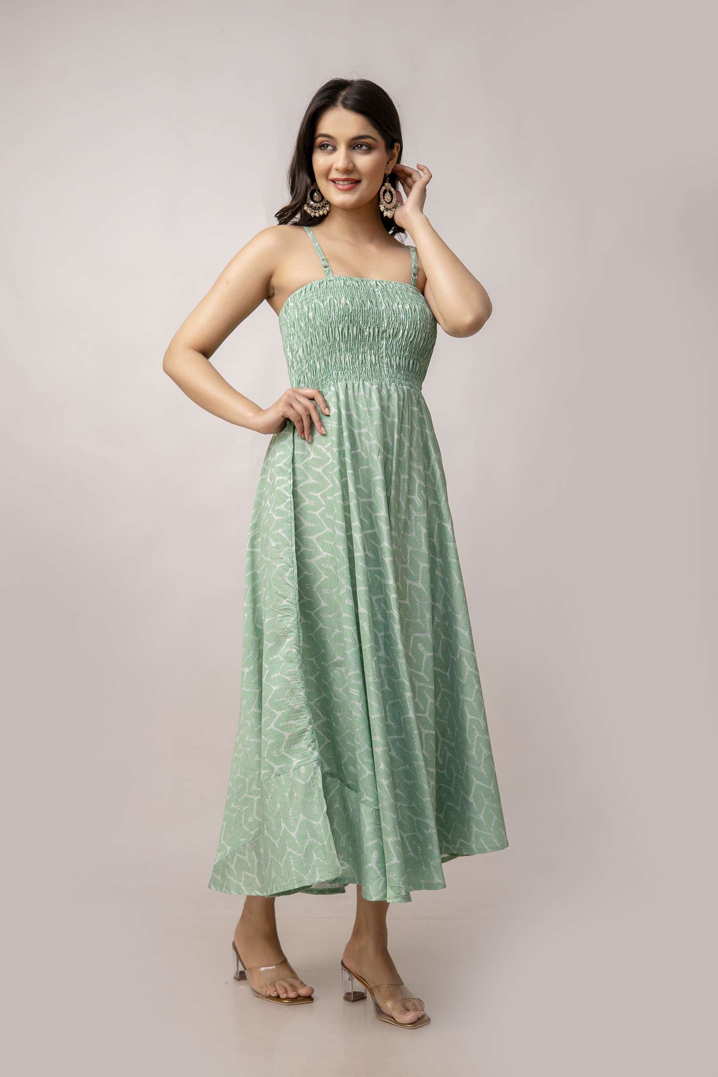 Women's Silk Printed Shoulder Straps Sleeveless Anarkali Gown Drees (GREEN-SUI) - Image 2