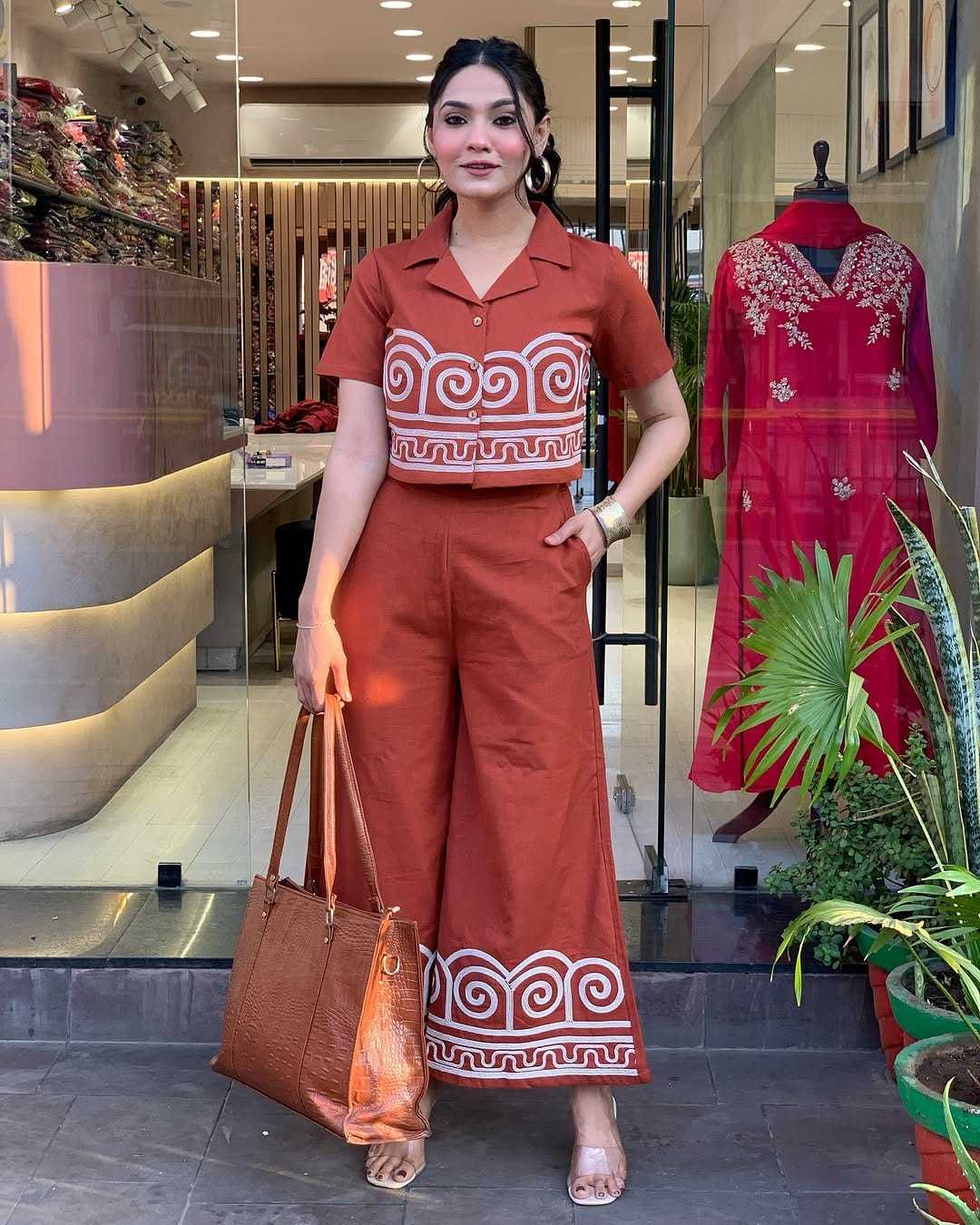 Women's Cotton Embroidered Crop top Co-Ord Set Coordinate Set Summer Wear Printed Crop Top with Pant Set - Image 2