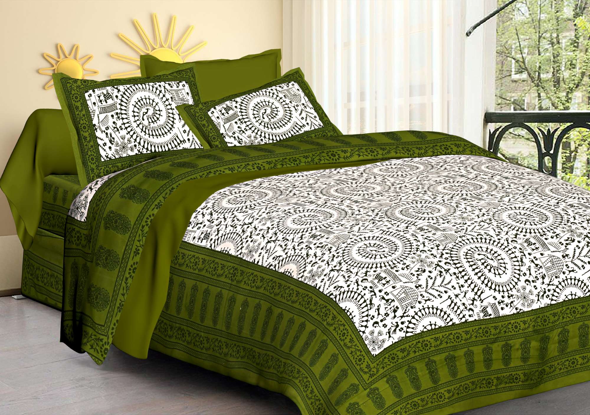 Rajasthani Traditionally Printed Cotton Doublebed Bedsheet With Pack of 2 Pillow Covers