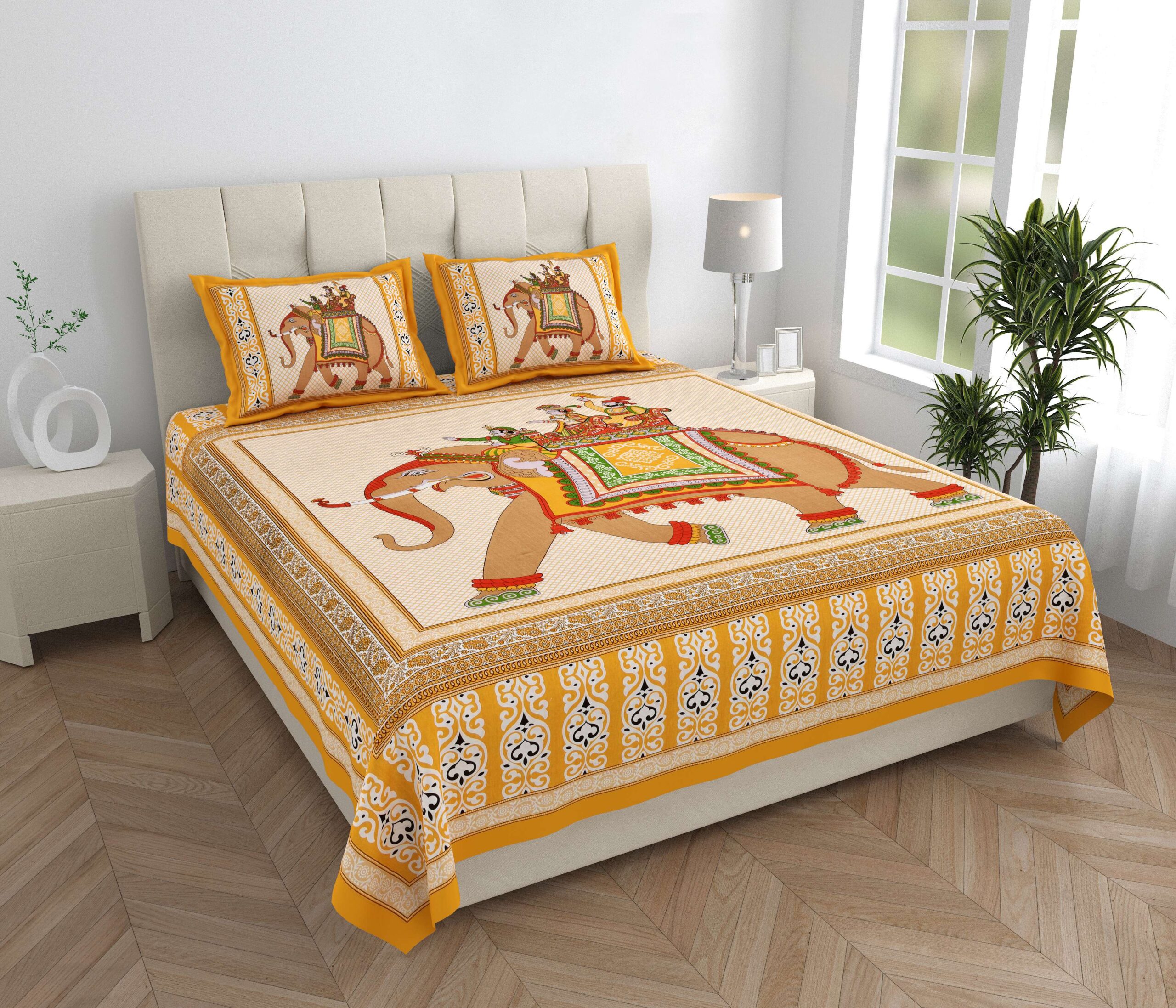 Rajasthani Traditionally Printed Cotton Doublebed Bedsheet With Pack of 2 Pillow Covers