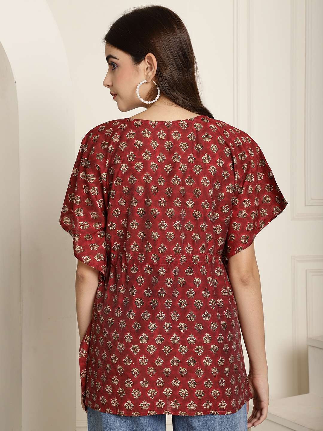 Women's Chanderi Printed Kaftan Top With Bell Sleeve Dress (Maroon)