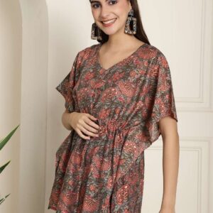 Women's Chanderi Printed Kaftan Top With Bell Sleeve Dress (Multti Color2)