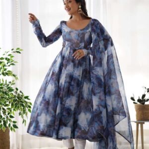 Womens Crunchy Silk Anarkali Kurti with Pant & Dupatta Set